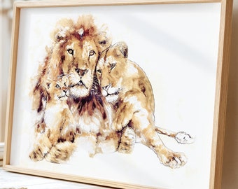 Watercolor Lion Family Print, Safari Animals Wall Art, Printable Wild Life Poster, Instant Download
