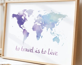 Watercolor World Map Wall Art, Wanderlust Travel Decor, Instant Download
