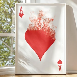 Stampa Asso di Cuori, Poster di Carte da Gioco, Arte Murale Poker, Opera d'Arte a Cuore, Arte del Casinò di Las Vegas, Regalo per Giocatori di Poker, Decorazione Murale Fumo