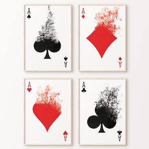 Juego de 4 láminas de ases, decoración de pared de naipes, póster de arte de humo, obra de póker imprimible, arte de pared de cartas de ases, impresión de póker, descarga instantánea
