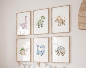 Watercolor Dinosaur Wall Art Set of 6, Cute Dino Print, Printable Nursery Poster, Baby Dinosaur Wall Decor, Kids Room Artwork, Baby Room Art