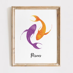 May include: Framed art print featuring two stylized fish in a swirling design. One fish is purple, the other is orange, both with glittery textures. The word "Pisces" is written below in a cursive font.