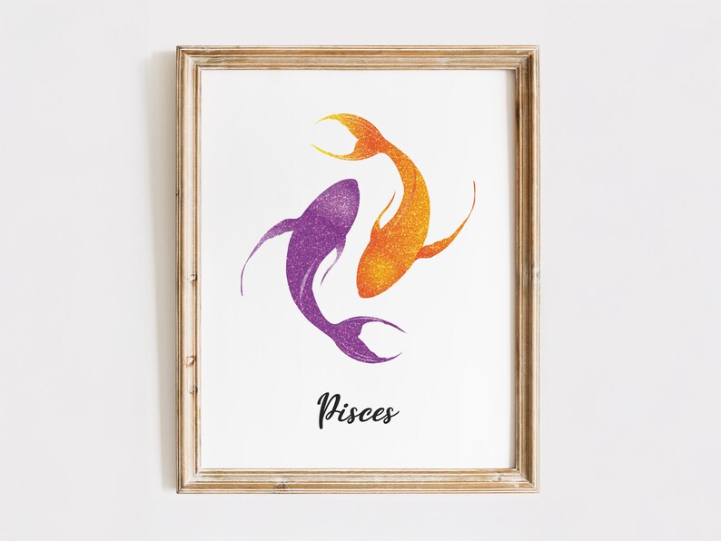 May include: Framed art print featuring two stylized fish in a swirling design. One fish is purple, the other is orange, both with glittery textures. The word "Pisces" is written below in a cursive font.