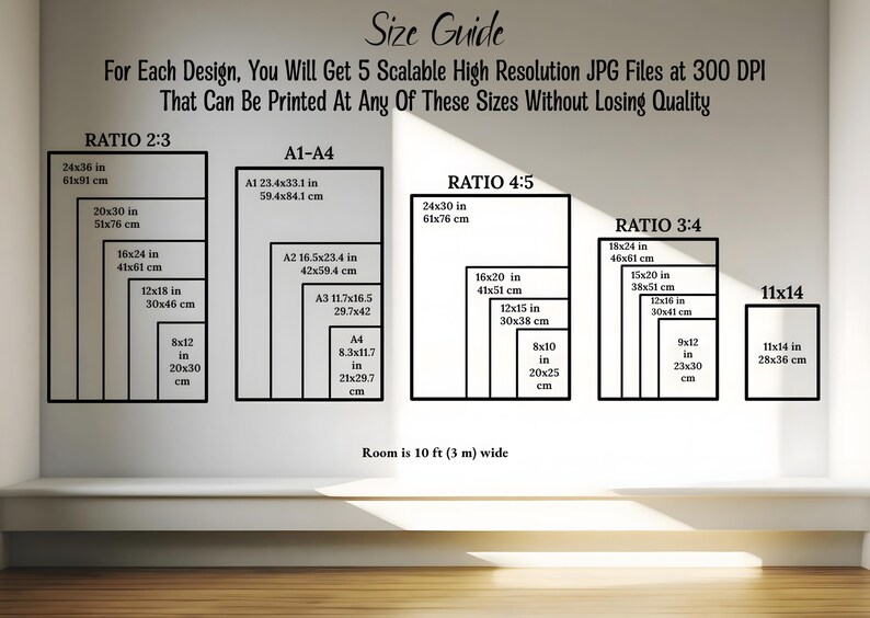 May include: A size guide for printable art, showing various aspect ratios and sizes in inches and centimeters. Includes text: "For Each Design, You Will Get 5 Scalable High Resolution JPG Files at 300 DPI That Can Be Printed At Any Of These Sizes Without Losing Quality."
