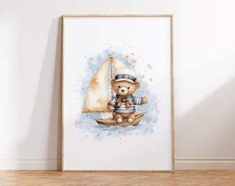 Sailor Teddy Bear Nursery Print, Blue Nautical Wall Art, Boys Room Poster