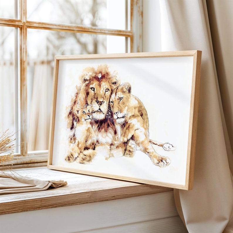 May include: A watercolor painting of a lion family. The father lion is on the left, with his head resting on the mother lion's back. The mother lion is looking at the viewer, and the cub is nestled between them. The painting is done in shades of brown and beige.