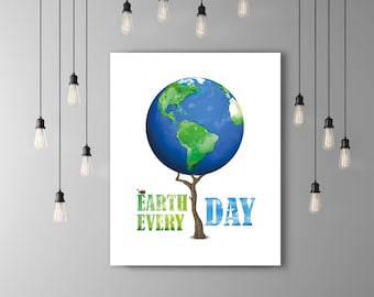 Earth Day Environment Globe Print, Blue Green Art, Nature Poster, Ladybug Wall Art Tree Poster, Ladybird