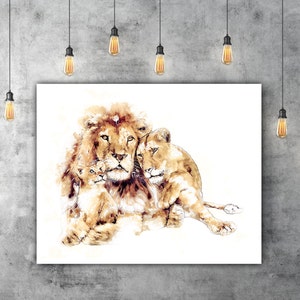 May include: A watercolor painting of a lion family. A male lion with a full mane is cuddling with a lioness and a cub. The painting is done in shades of brown and white.