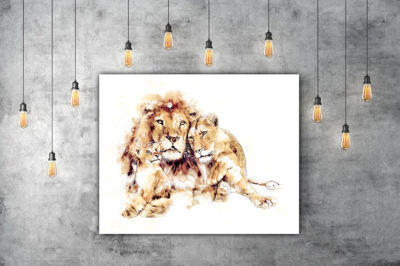 May include: A watercolor painting of a lion family. A male lion with a full mane is cuddling with a lioness and a cub. The painting is done in shades of brown and white.
