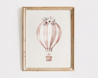 Pink Hot Air Balloon Nursery Print: Vintage Floral Decor (Digital Download)