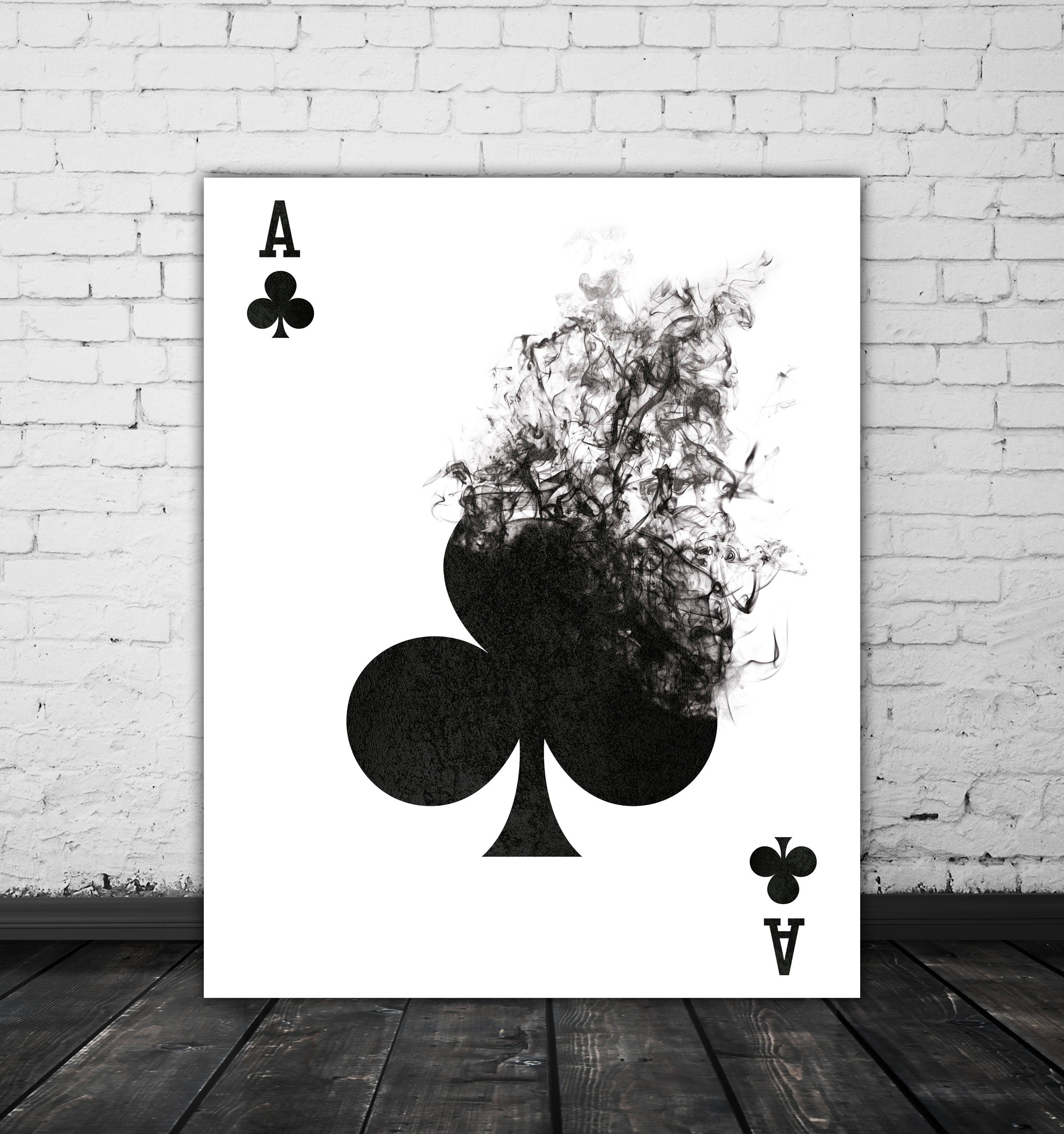 playing-cards-wall-art-black-and-white-art-illustration-smoke-etsy