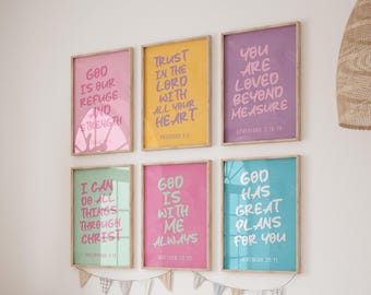 Girl Nursery Decor, Christian Wall Art Set of 6, Motivational Quotes Poster, Religious Print