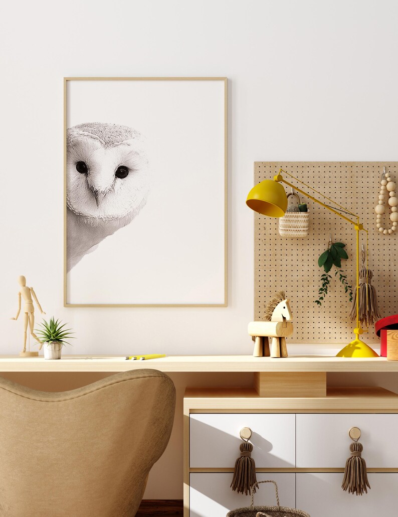 May include: A framed black and white photograph of an owl's face, hanging on a white wall above a wooden desk with a yellow lamp, a wooden horse figurine, and a potted plant.