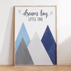 Dream Big Little One Print, Boy Nursery Decor, Watercolor Kids Room Wall Art, Nordic Mountain Poster, Printable Nursery Quote Wall Decor