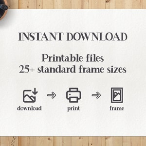 May include: Instant download of printable files for 25+ standard frame sizes.  Download, print, and frame your artwork.