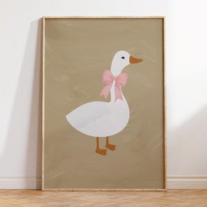 Arte de pared de ganso con lazo, impresión de guardería de niña, póster de ganso tonto, decoración de pared de animales de granja, decoración de habitación de coqueta rosa linda, obra de arte para habitación de niños