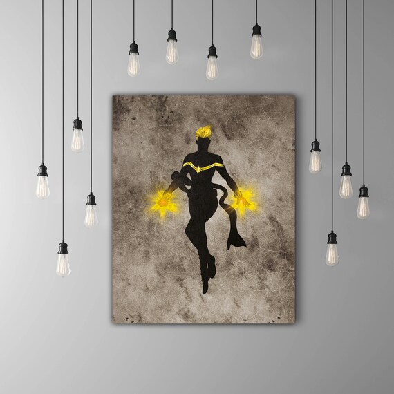 Captain Marvel Print Girl Superhero Wall Decor Movie Poster Vintage Artwork Hero Art Comic Book Decor Marvel Wall Art Black Yellow Art