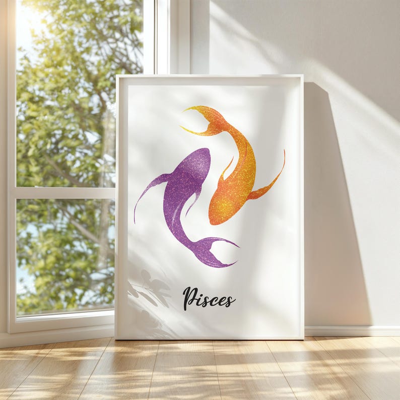 May include: A framed art print featuring two stylized fish in a swirling design. One fish is purple, the other is orange, both with glittery textures. The word "Pisces" is written in cursive below the fish.