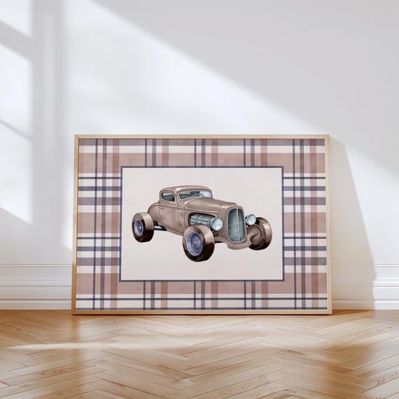 Vintage Car Nursery Print: Gingham Classic Vehicle Wall Art