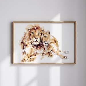 May include: A watercolor painting of a lion family. A large male lion with a thick mane is nestled next to a female lion. A small lion cub is nestled between the two adults. The painting is done in shades of brown and beige.