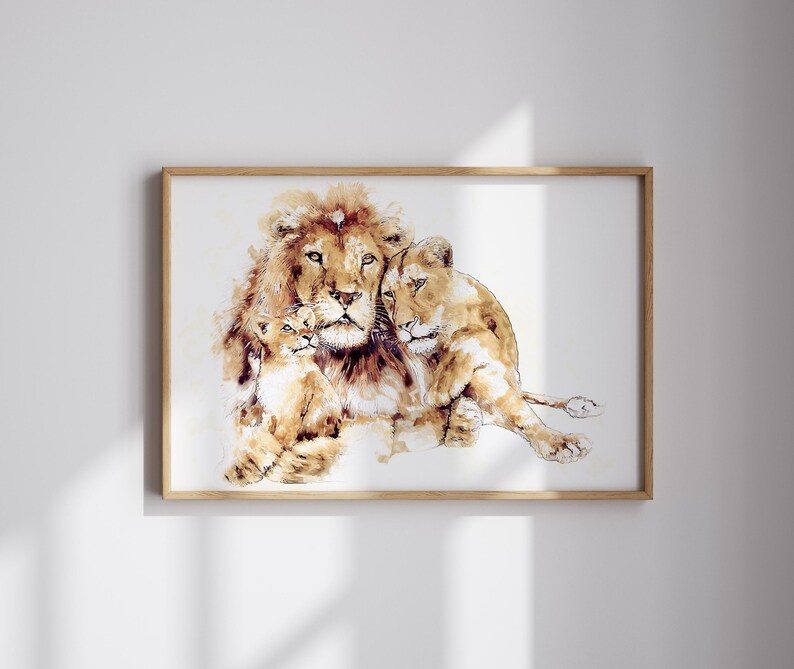 May include: A watercolor painting of a lion family. A large male lion with a thick mane is nestled next to a female lion. A small lion cub is nestled between the two adults. The painting is done in shades of brown and beige.