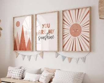 Nursery Wall Art Set of 3, You Are My Sunshine Poster, Terracotta Sun Art Print, Gender Neutral Nursery Decor, Kids Room Printable Artwork