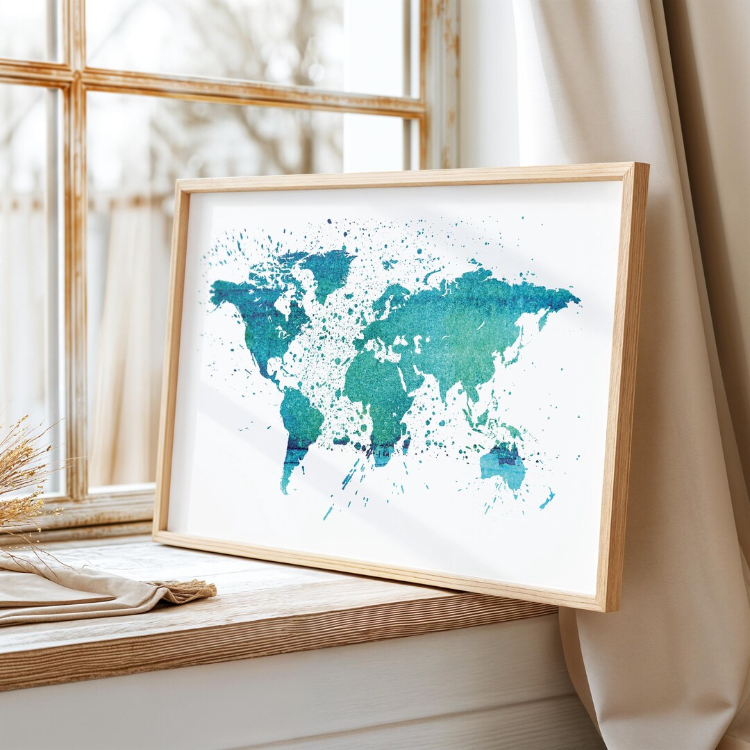 Watercolor World Map Poster: Blue Green Earth Art (digital Download ...