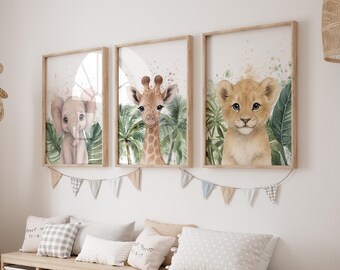 Safari Nursery Decor, Printable Kids Room Wall Art, Watercolor Jungle Animal Prints, Lion Poster