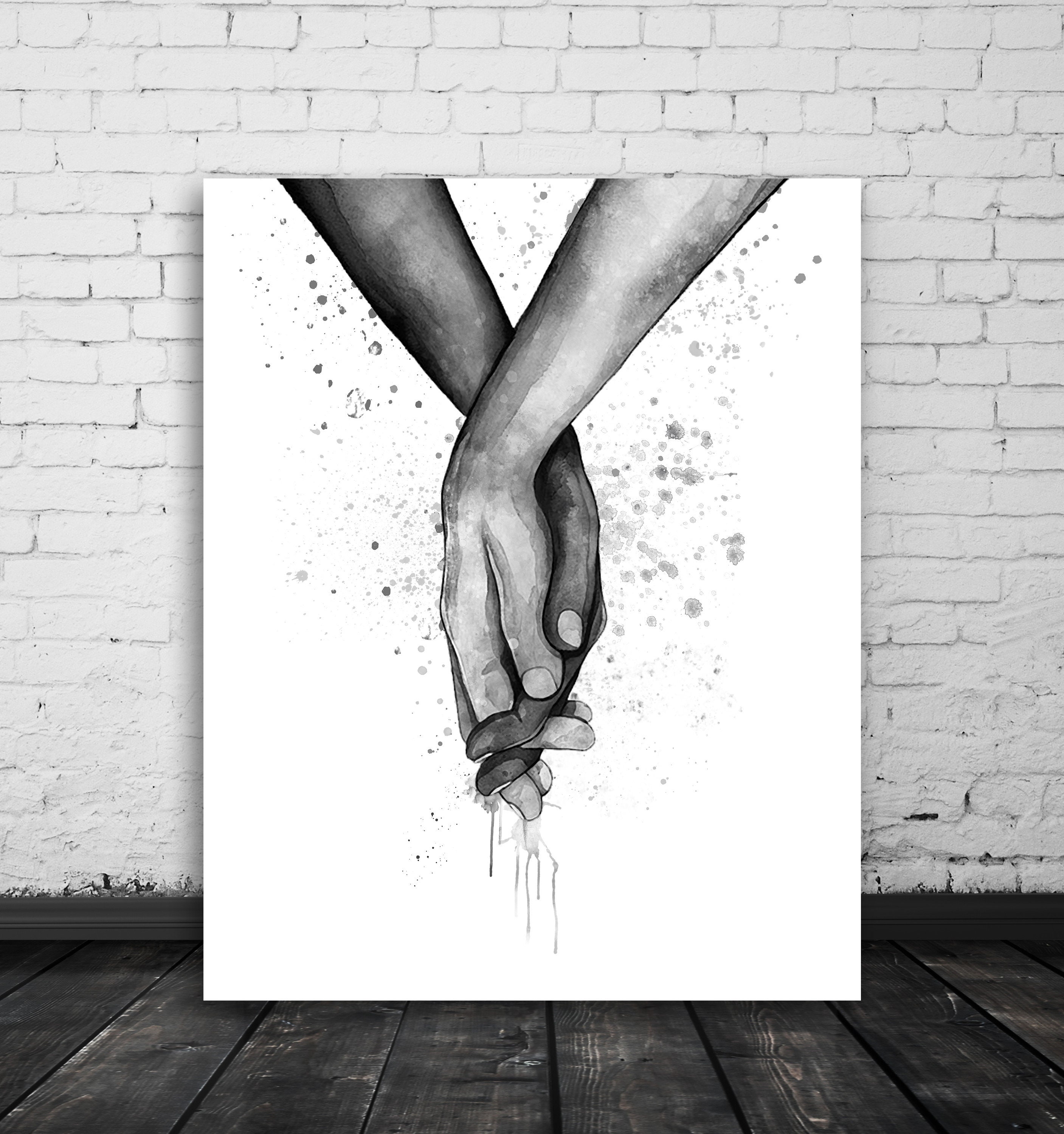 Romantic Holding Hands Outline Drawing Loving Couple On Wood Print