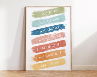 I Am Kind I Am Brave Poster, Nursery Affirmation Print, Kids Room Colorful Wall Decor, Inspirational Classroom Wall Art, Playroom Artwork