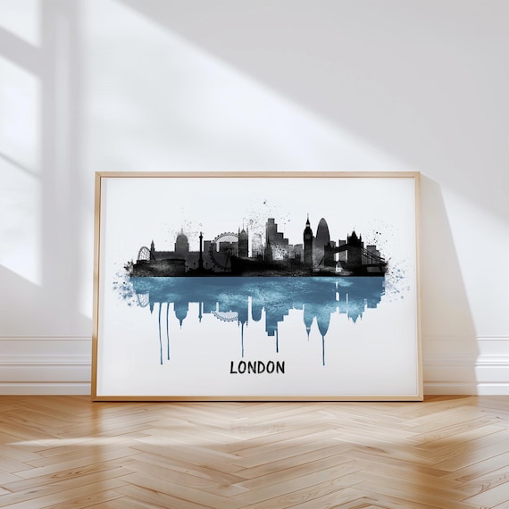 London Skyline Wall Art, Printable England Poster, Cityscape Wall Decor, Black Blue Watercolor City Skyline Artwork, London Silhouette Print