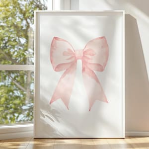 Impresión de lazo de acuarela vintage, arte de pared de guardería rosa, póster para habitación de niña, decoración de pared preppy, obra de arte de lazo imprimible, descarga instantánea