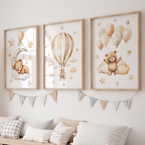 Teddy Bear Nursery Print Set: Watercolor Hot Air Balloon (Digital Download)