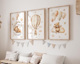 Kids Room Wall Art Set of 3, Woodland Nursery Decor, Watercolor Teddy Bear Print