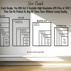 May include: A size guide for printable art prints, showing different aspect ratios and corresponding sizes in inches and centimetres. The guide includes sizes for ratios 2:3, 4:5, and 3:4, as well as a standard 11x14 inch print.