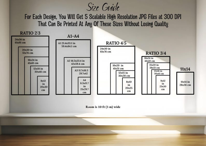 May include: A size guide for printable art prints, showing different aspect ratios and corresponding sizes in inches and centimetres. The guide includes sizes for ratios 2:3, 4:5, and 3:4, as well as a standard 11x14 inch print.