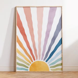 Rainbow Sun Nursery Art: Watercolor Sunburst Print (Digital Download)