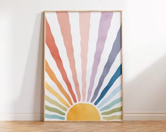Rainbow Sun Nursery Art: Watercolor Sunburst Print (Digital Download)
