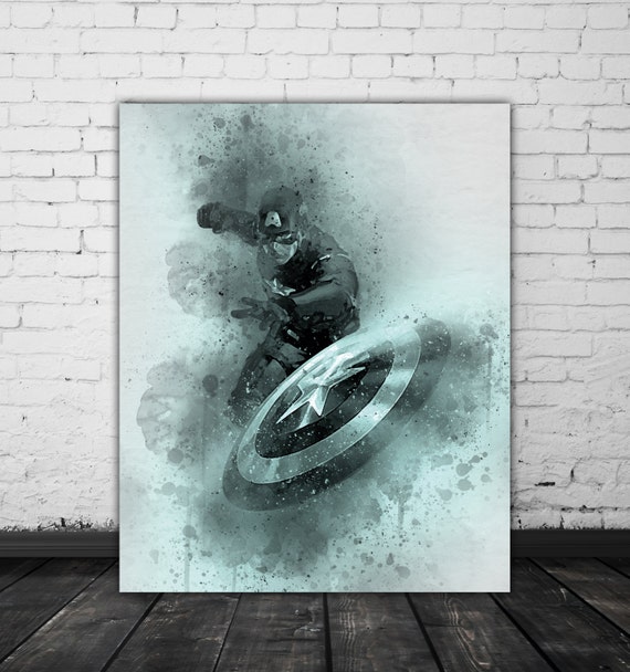 Captain America Art Marvel Avengers Art Superhero Decor Avengers Wall Art Movie Print Watercolor Abstract Print Steve Rogers Shield