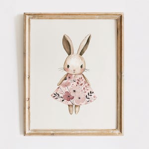Impresión de conejito vintage, arte de pared para guardería de conejos, póster de animales de estilo cottagecore, obra de arte en rosa ruborizado, decoración de pared de Pascua imprimible, decoración de habitación de niñas