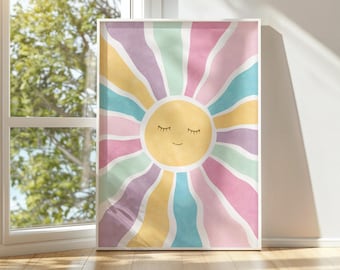 Watercolor Sun Nursery Print: Pastel Rainbow Sunburst (Digital Download)