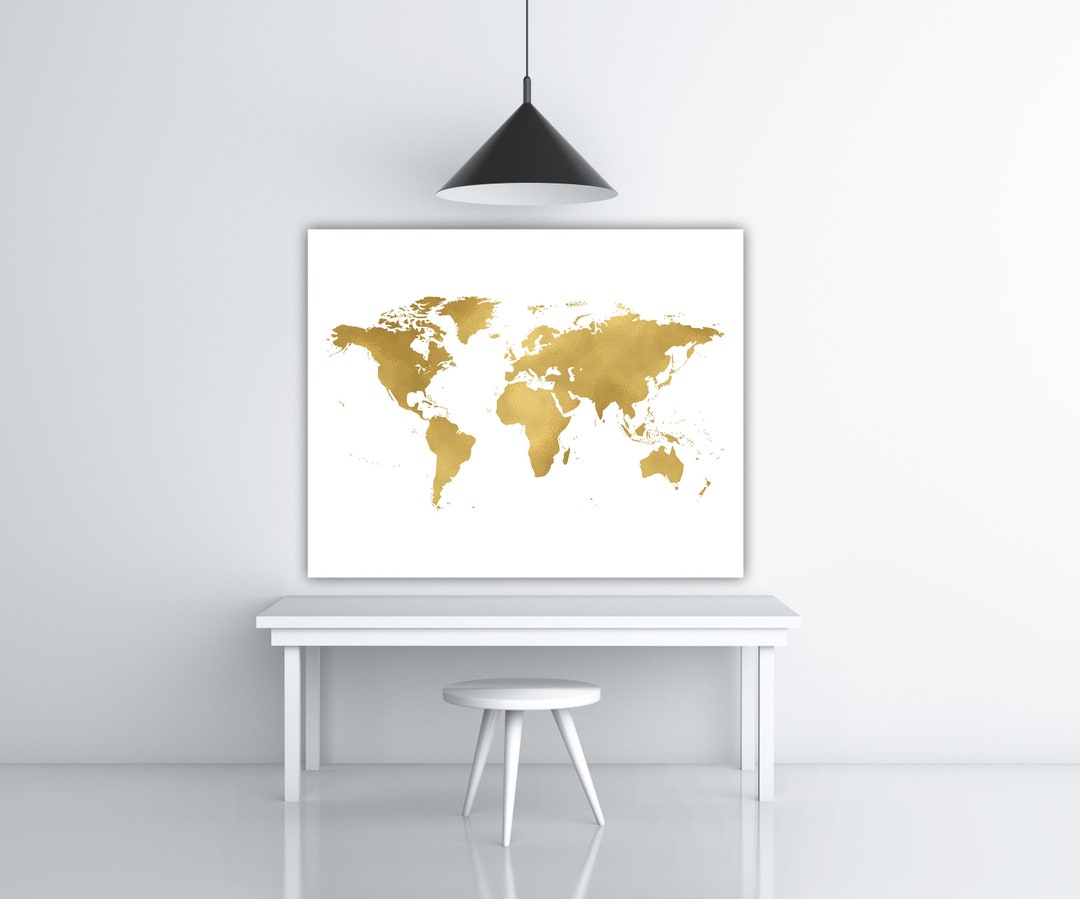 Gold Foil World Map Print Printable Travel Wall Art Etsy