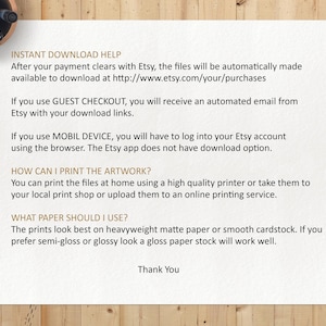 May include: A white paper with text providing instant download help for Etsy purchases. The text includes instructions for guest checkout and mobile device users, and advice on printing the artwork on matte or glossy paper.