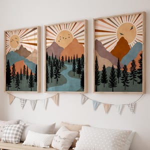 Mountain Nursery Print Set of 3, Forest Wall Art, Adventure Theme Poster, Nordic Wall Decor, Printable Sunrise Artwork, Woodland Nursery Art