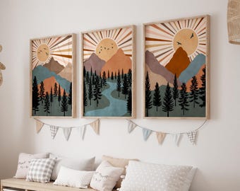 Mountain Nursery Print Set: Forest Sunrise, Nordic Decor (Digital Download)