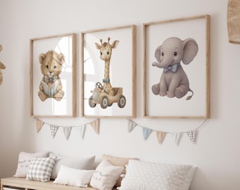 Safari Animals Nursery Wall Art Set of 3, Kids Room Elephant Decor, Lion Print