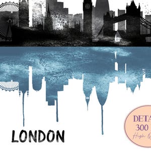May include: A black and white watercolor illustration of the London skyline, featuring iconic landmarks like the London Eye, Big Ben, and Tower Bridge. The image has a mirrored effect with a blue watercolor wash. The word "LONDON" is at the bottom.