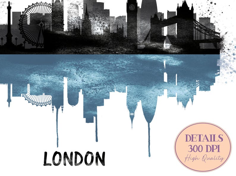 May include: A black and white watercolor illustration of the London skyline, featuring iconic landmarks like the London Eye, Big Ben, and Tower Bridge. The image has a mirrored effect with a blue watercolor wash. The word "LONDON" is at the bottom.
