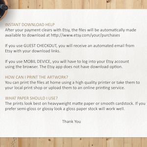 May include: Text on a white background with instructions for instant download help, printing artwork, and paper recommendations for Etsy purchases.