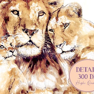 May include: A watercolor painting of a lion family. The lion, lioness, and cub are all looking at the viewer. The lion has a thick mane and the lioness has a long tail. The cub is small and has a playful expression.